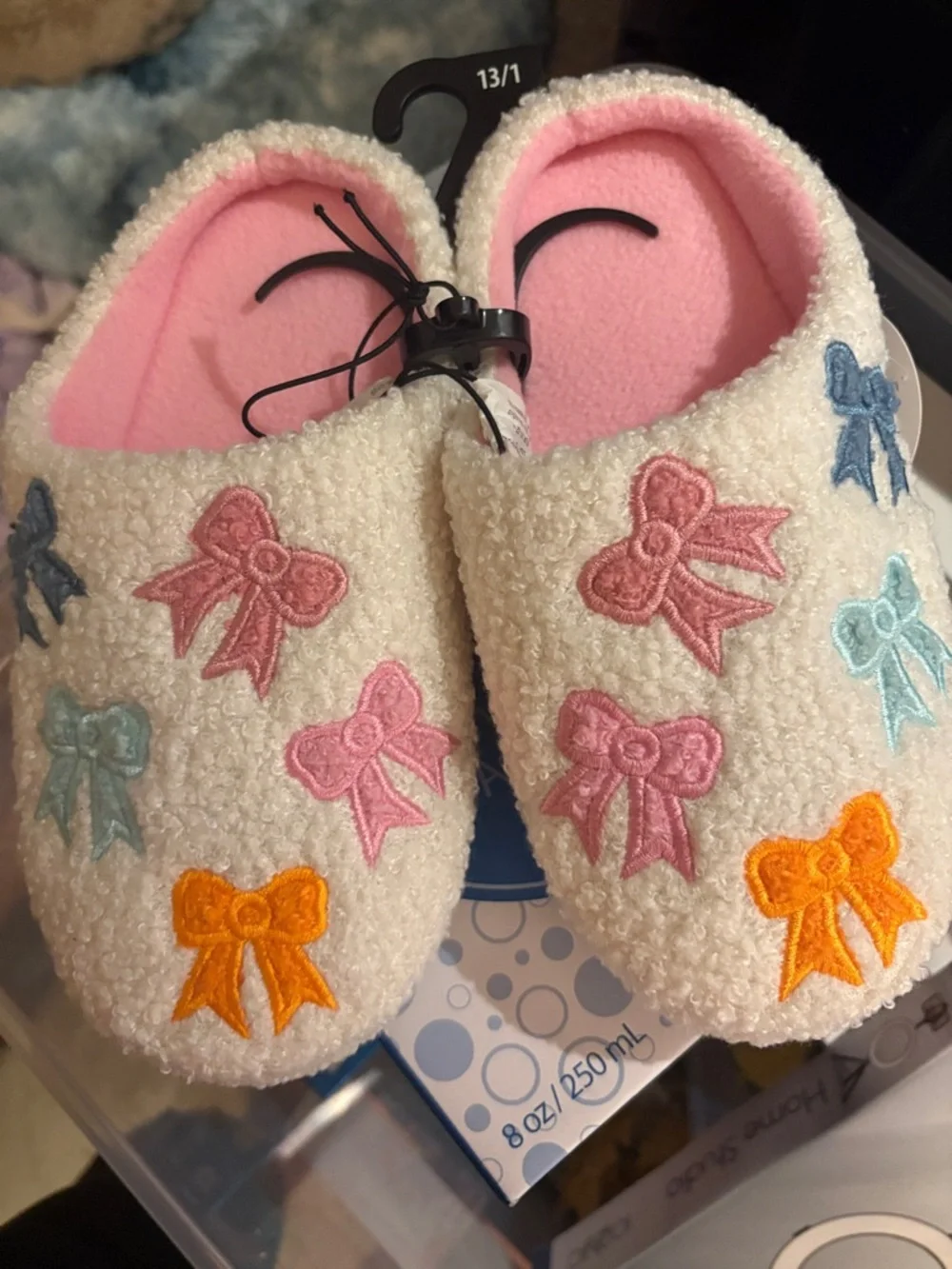Cozy White Sherpa Slippers with Pastel Bow Embroidery